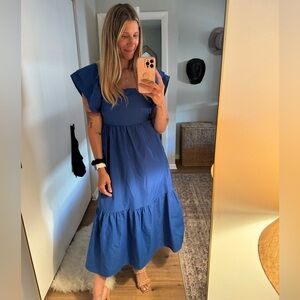 Royal blue tiered-midi dress with ruffle sleeves